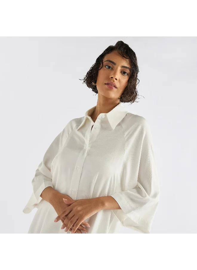 Splash FAV Solid Button Down Shirt Dress with 3/4 Sleeves
