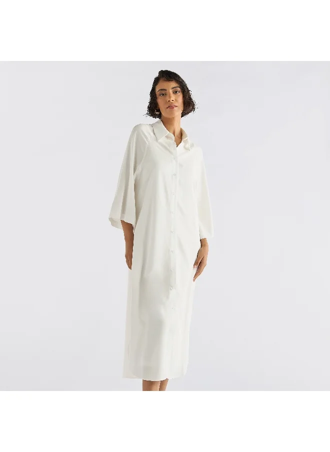 Splash FAV Solid Button Down Shirt Dress with 3/4 Sleeves