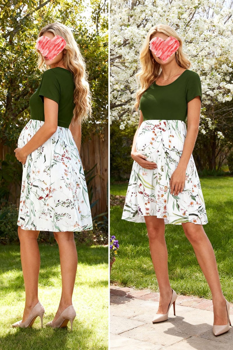 WOOXIO Women's Short Sleeve Maternity Dress Patchwork Pregnancy Clothes with Pockets Large,Army Green-Leaf White - Image 5