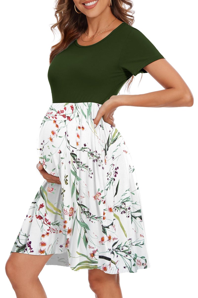 WOOXIO Women's Short Sleeve Maternity Dress Patchwork Pregnancy Clothes with Pockets Large,Army Green-Leaf White - Image 1