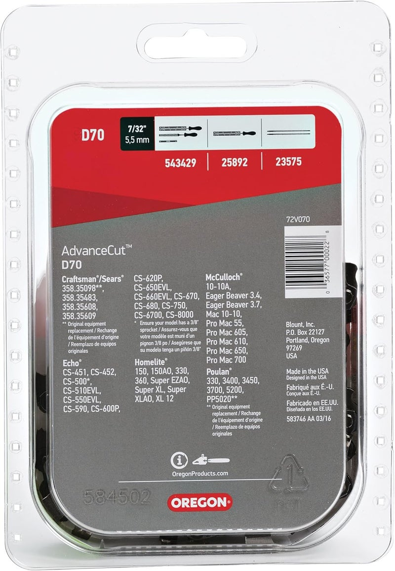 Oregon D70 AdvanceCut Chainsaw Chain for 20 Inch Bar – 70 Drive Links, Replacement Low-Kickback Chainsaw Blade, .050" Gauge, 3/8" Pitch, fits Several Poulan Pro & Echo Models (D70) Black - Image 2
