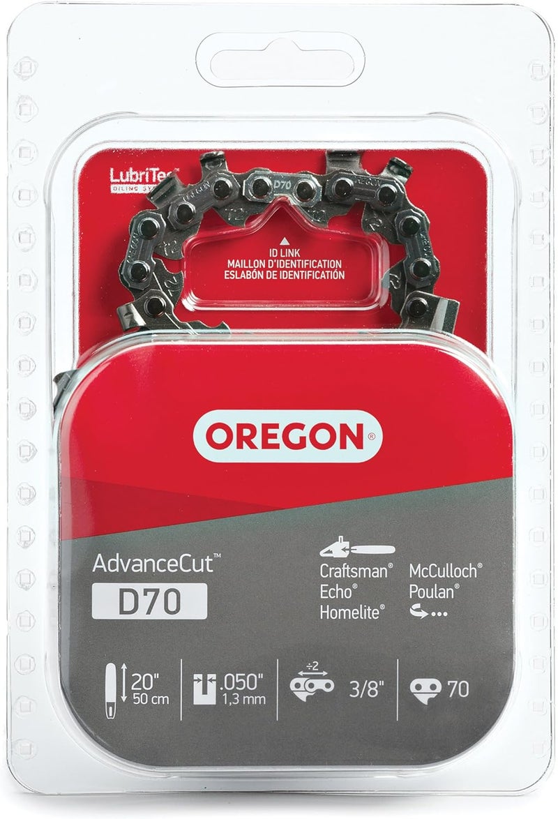 Oregon D70 AdvanceCut Chainsaw Chain for 20 Inch Bar – 70 Drive Links, Replacement Low-Kickback Chainsaw Blade, .050" Gauge, 3/8" Pitch, fits Several Poulan Pro & Echo Models (D70) Black - Image 1
