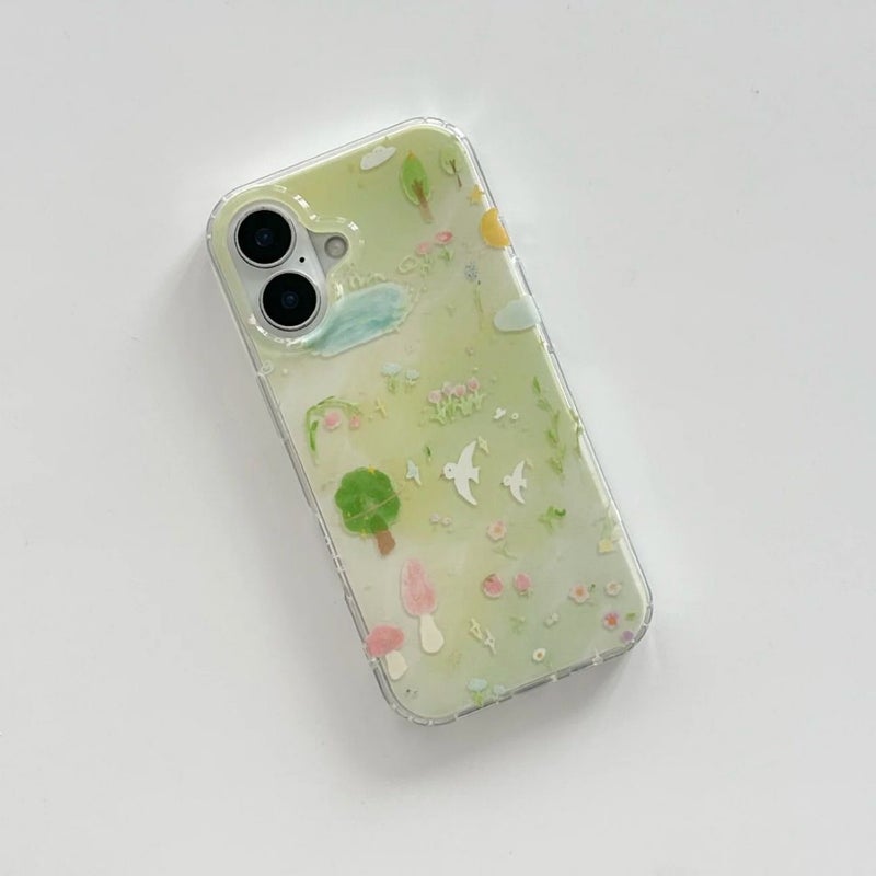 Apple iPhone 16 phone case, TPU shockproof transparent stylish niche painted mushroom and bird drop-proof soft case