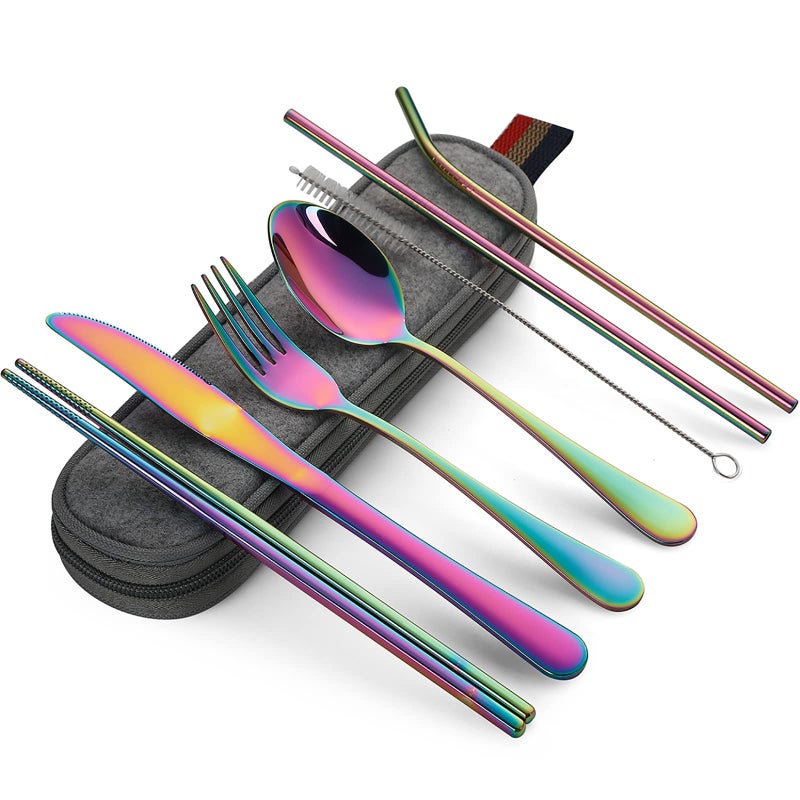 DEVICO DEVICO Portable Utensils Travel Camping Cutlery Set 8Piece including Knife Fork Spoon Chopsticks Cleaning Brush Straws Portable Case Stainless Steel Flatware set Rainbow 
