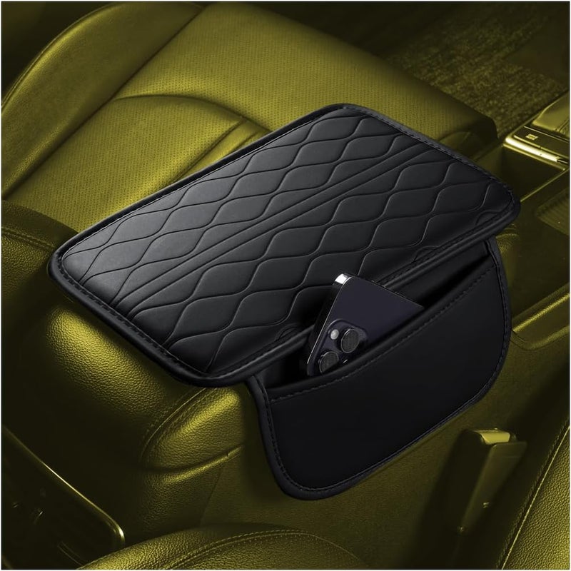 Sandfren Car Center Console Cover, Leather Vehicle Armrest Seat Box Pad Cushion with 2 Storage Bags, Automotive Interior Arm Rest Protector Accessories, Universal for SUV, Sedan, Truck (Black) - Image 1