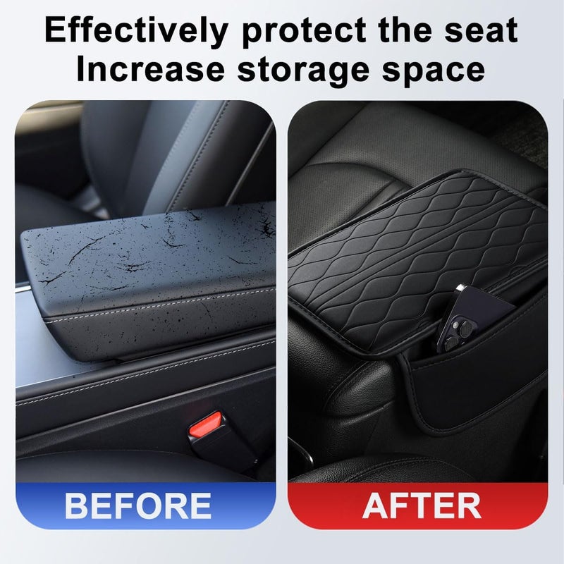 Sandfren Car Center Console Cover, Leather Vehicle Armrest Seat Box Pad Cushion with 2 Storage Bags, Automotive Interior Arm Rest Protector Accessories, Universal for SUV, Sedan, Truck (Black) - Image 3