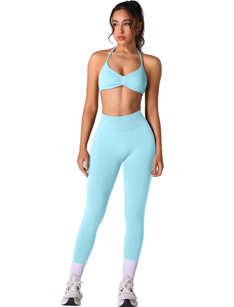 ABOCIW Women Seamless 2 piece Workout Sets Strappy Halter Sports Bra Scrunch Butt Lifting mpact Gym Leggings Active Wear Yoga Outfits #1 Ice Blue Small - Image 1