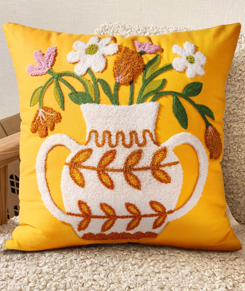 Kokaaee Embroidered Throw Pillow Cover - 18x18 Decorative Pillow Cover with Zipper Aesthetic Cute Design Boho Spring Summer Cozy Throw Pillowcase for Living Room Couch Sofa Bed, Floral Vase - Image 1