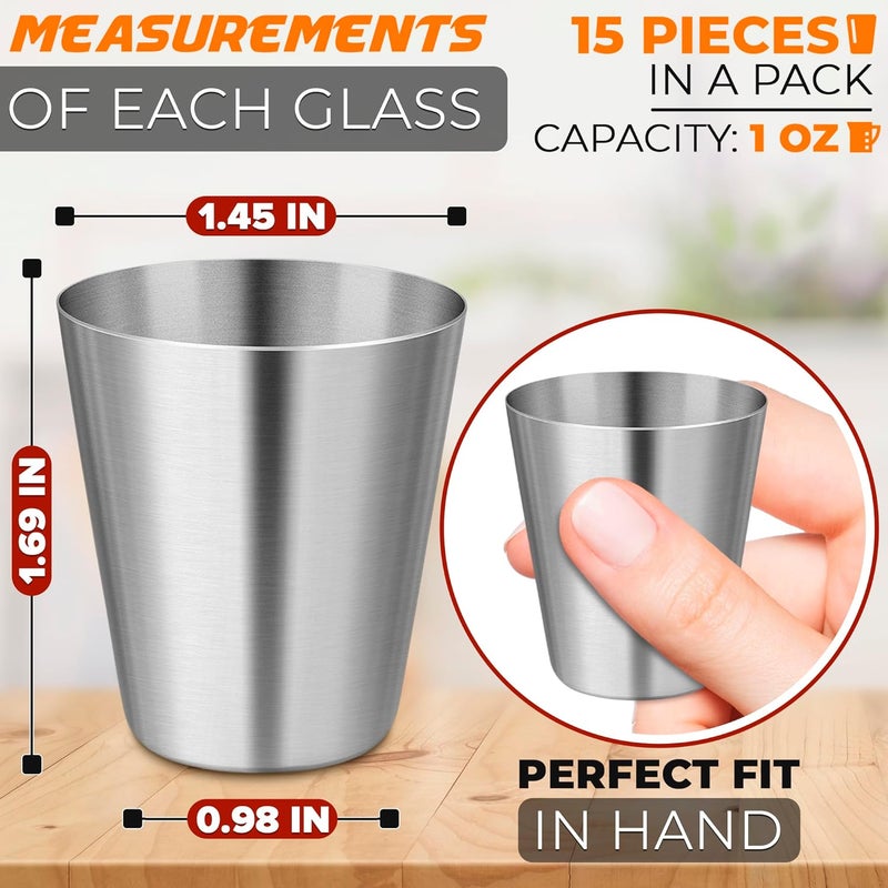 VIKROM 15 Pcs Stainless Steel Shot Glasses - 30ml (1oz) Tiny Metal Shot Glasses, Lightweight and Easy to Store & Clean, Durable Metal Shots for Parties, Hiking, Travels & Great Valentine Day Gift For Picnics - Image 2