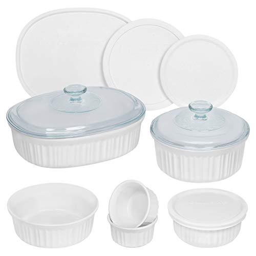 Corningware طقم أواني الخبز السيراميكية كورنينغ وير الفرنسية البيضاء 12 قطعة مع أغطية مقاومة للكسر والتشقق - Image 1