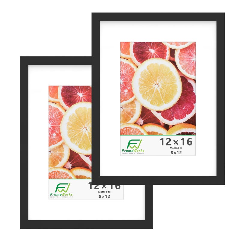 FrameWorks 12x16 mat to 8x12 Classic Wooden Picture Frames With Tempered Glass  Black  2Pack