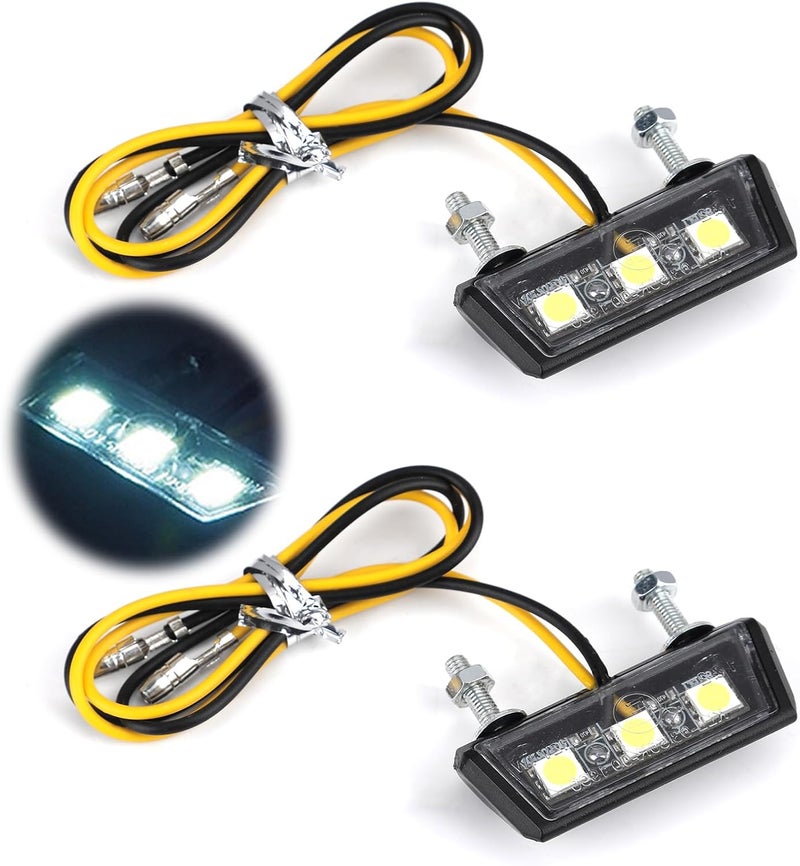 SMCEHEYA ضوء لوحة أرقام الدراجات النارية العالمي LED 2 قطعة | 12 فولت | ضوء لوحة الترخيص | ضوء خلفي للدراجة النارية مع 3 مصابيح LED فائقة السطوع | مقاوم للماء | لجميع موديلات الدراجات النارية والدراجات الرباعية (أبيض) - Image 1