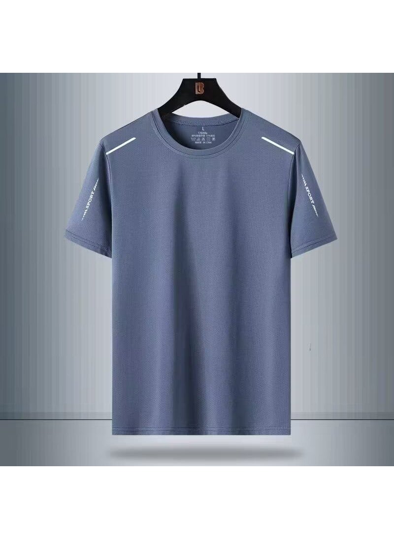 Generic - Ice Silk Short Sleeve T-Shirt Mens Summer Thin Quick Dry Mesh Sport Fitness Half Sleeve Casual Elastic T Summer Wear Ya 604-Fog Blue - Image 1