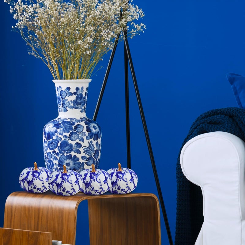 Winlyn 12 Pcs Small Fabric Pumpkins Decorative Blue and White Pumpkins Chinoiserie Chic Pumpkins Foam Pumpkins 3"" for Gifts Fall Wedding Halloween Thanksgiving Table Centerpiece Mantel Farmhouse D?cor - Image 4