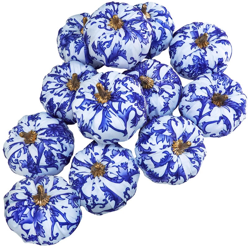 Winlyn 12 Pcs Small Fabric Pumpkins Decorative Blue and White Pumpkins Chinoiserie Chic Pumpkins Foam Pumpkins 3"" for Gifts Fall Wedding Halloween Thanksgiving Table Centerpiece Mantel Farmhouse D?cor - Image 1
