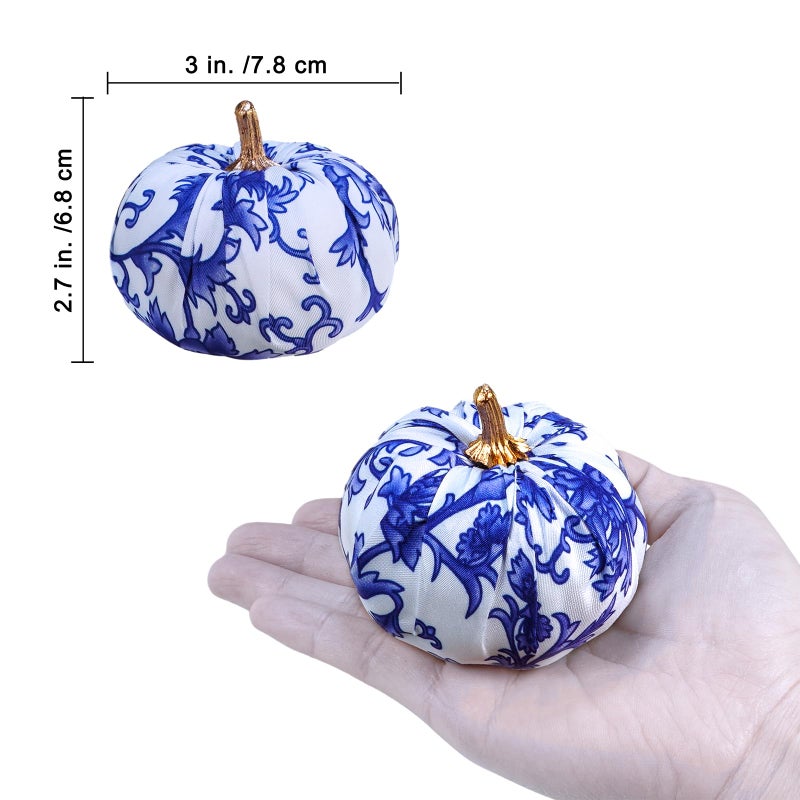 Winlyn 12 Pcs Small Fabric Pumpkins Decorative Blue and White Pumpkins Chinoiserie Chic Pumpkins Foam Pumpkins 3"" for Gifts Fall Wedding Halloween Thanksgiving Table Centerpiece Mantel Farmhouse D?cor - Image 2