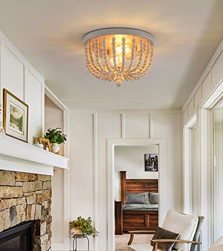 QS Q&S Boho Chandelier Wood Beaded Flush Mount Ceiling Light Fixtures for Nursery Baby Bedroom Kitchen Hallway,Oak White Finish,2-Lights - Image 4