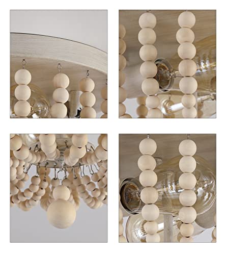 QS Q&S Boho Chandelier Wood Beaded Flush Mount Ceiling Light Fixtures for Nursery Baby Bedroom Kitchen Hallway,Oak White Finish,2-Lights - Image 5