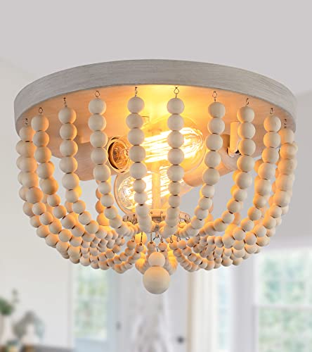 QS Q&S Boho Chandelier Wood Beaded Flush Mount Ceiling Light Fixtures for Nursery Baby Bedroom Kitchen Hallway,Oak White Finish,2-Lights - Image 1
