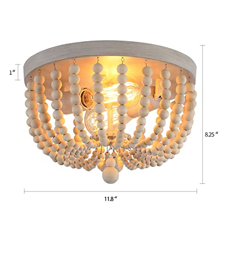 QS Q&S Boho Chandelier Wood Beaded Flush Mount Ceiling Light Fixtures for Nursery Baby Bedroom Kitchen Hallway,Oak White Finish,2-Lights - Image 3