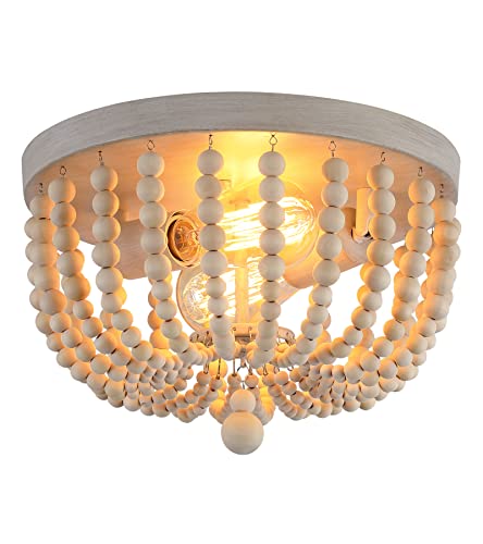 QS Q&S Boho Chandelier Wood Beaded Flush Mount Ceiling Light Fixtures for Nursery Baby Bedroom Kitchen Hallway,Oak White Finish,2-Lights - Image 2