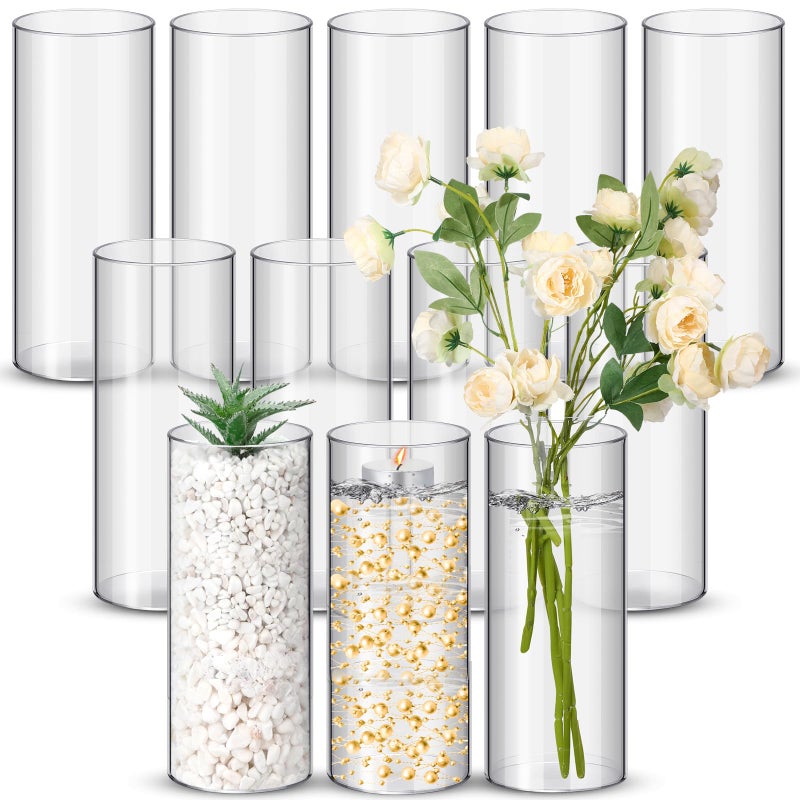 Nuogo 12 Pcs Plastic Clear Cylinder Vase for Home 8 Inch Acrylic Flower Clear Vase Centerpiece for Centerpieces Wedding Party Decorations