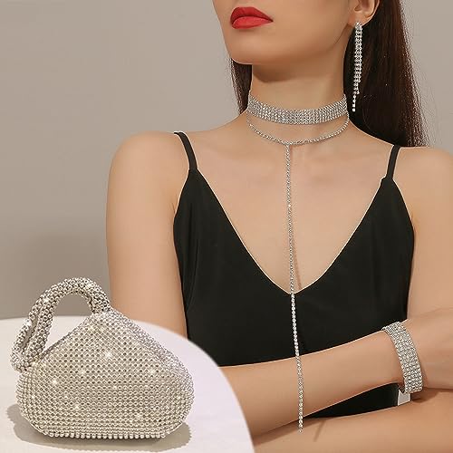 EIELO Rhinestone Jewelry Set for Women Wedding Bridal Triangle Bling Clutch Bag Glitter Choker Necklace Tennis Stretch Bracelets Ring Dangle Fringe Earrings Set - Image 3