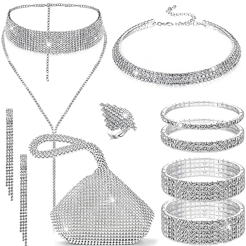 EIELO Rhinestone Jewelry Set for Women Wedding Bridal Triangle Bling Clutch Bag Glitter Choker Necklace Tennis Stretch Bracelets Ring Dangle Fringe Earrings Set - Image 1