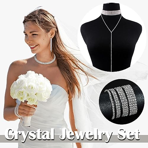 EIELO Rhinestone Jewelry Set for Women Wedding Bridal Triangle Bling Clutch Bag Glitter Choker Necklace Tennis Stretch Bracelets Ring Dangle Fringe Earrings Set - Image 5