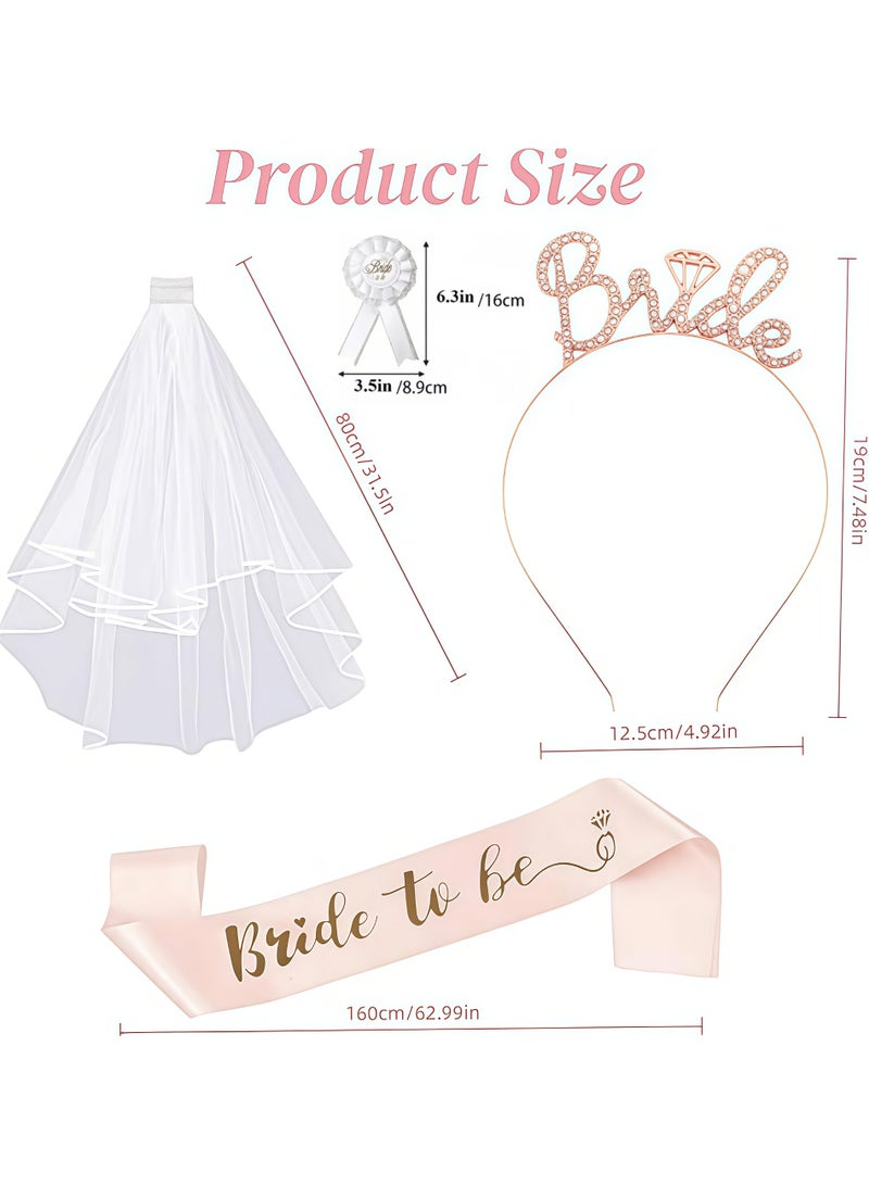 Balloon World 4Pcs Bride to be Printed Sash,Badge,Shoulder Length Veil with Comb, Rhinestone Tiara Party Set for Hen Bachelorette Bridal Wedding Party Favor Decorations Supplies,Rose Gold - Image 2