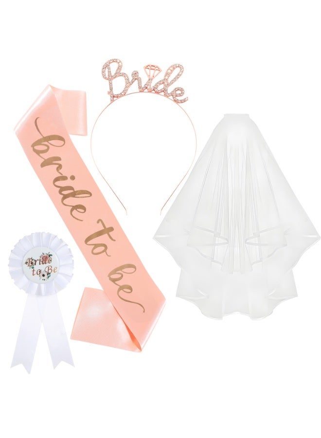Balloon World 4Pcs Bride to be Printed Sash,Badge,Shoulder Length Veil with Comb, Rhinestone Tiara Party Set for Hen Bachelorette Bridal Wedding Party Favor Decorations Supplies,Rose Gold - Image 3