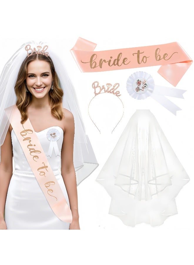 Balloon World 4Pcs Bride to be Printed Sash,Badge,Shoulder Length Veil with Comb, Rhinestone Tiara Party Set for Hen Bachelorette Bridal Wedding Party Favor Decorations Supplies,Rose Gold - Image 1