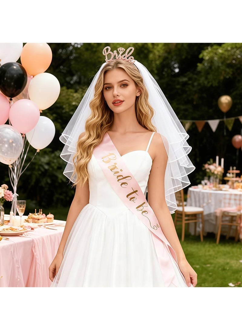 Balloon World 4Pcs Bride to be Printed Sash,Badge,Shoulder Length Veil with Comb, Rhinestone Tiara Party Set for Hen Bachelorette Bridal Wedding Party Favor Decorations Supplies,Rose Gold - Image 2
