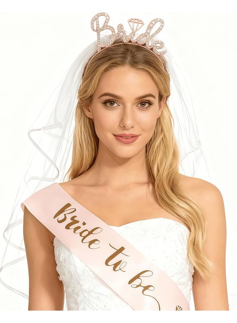 Balloon World 4Pcs Bride to be Printed Sash,Badge,Shoulder Length Veil with Comb, Rhinestone Tiara Party Set for Hen Bachelorette Bridal Wedding Party Favor Decorations Supplies,Rose Gold - Image 4