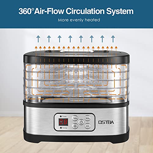 OSTBA Food Dehydrator Machine Adjustable Temperature & 72H Timer, 5-Tray Dehydrators for Food and Jerky, Fruit, Dog Treats, Herbs, Snacks, LED Display, 240W Electric Food Dryer, Recipe Book - Image 3
