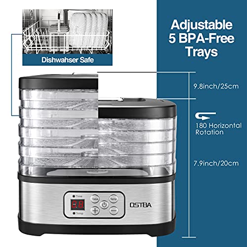 OSTBA Food Dehydrator Machine Adjustable Temperature & 72H Timer, 5-Tray Dehydrators for Food and Jerky, Fruit, Dog Treats, Herbs, Snacks, LED Display, 240W Electric Food Dryer, Recipe Book - Image 5