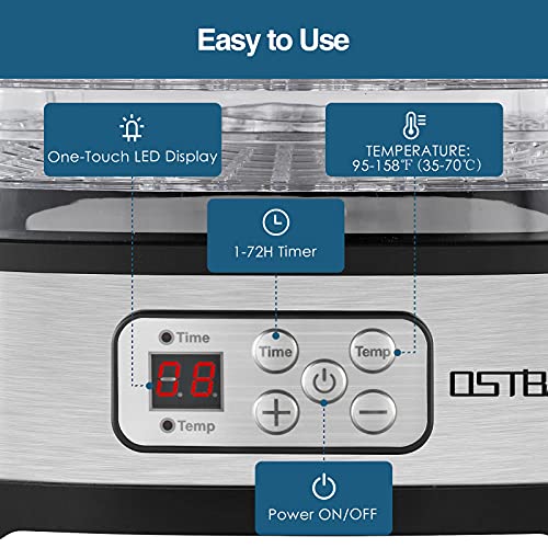 OSTBA Food Dehydrator Machine Adjustable Temperature & 72H Timer, 5-Tray Dehydrators for Food and Jerky, Fruit, Dog Treats, Herbs, Snacks, LED Display, 240W Electric Food Dryer, Recipe Book - Image 2