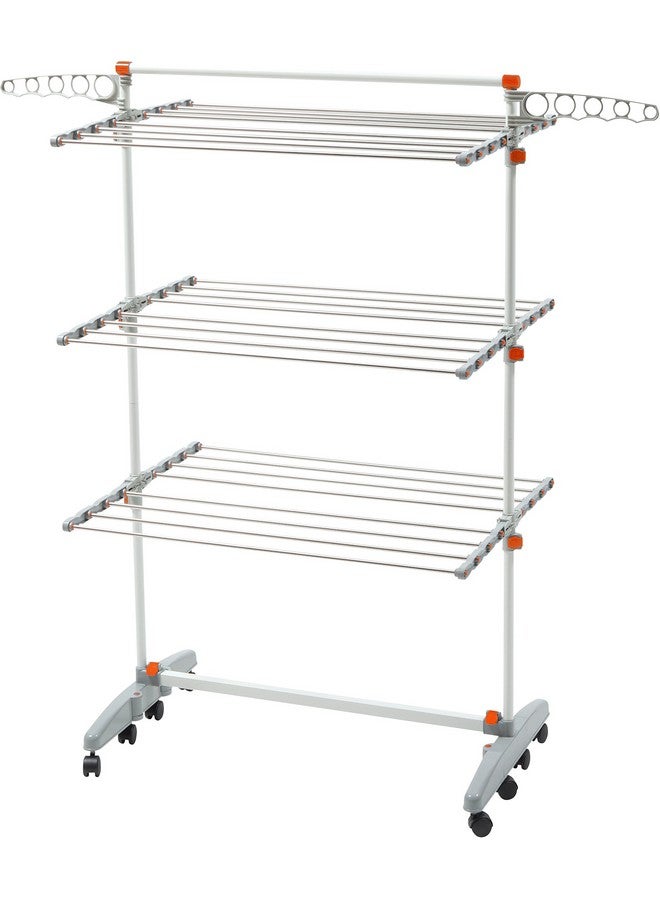idee BDP-V23 Foldable Rolling 3-Tier Clothes Laundry Drying Rack with Stainless Steel Hanging Rods, Collapsible Shelves and Base for Easy Storage, Made-in-Korea, Premium Size, Orange - Image 1