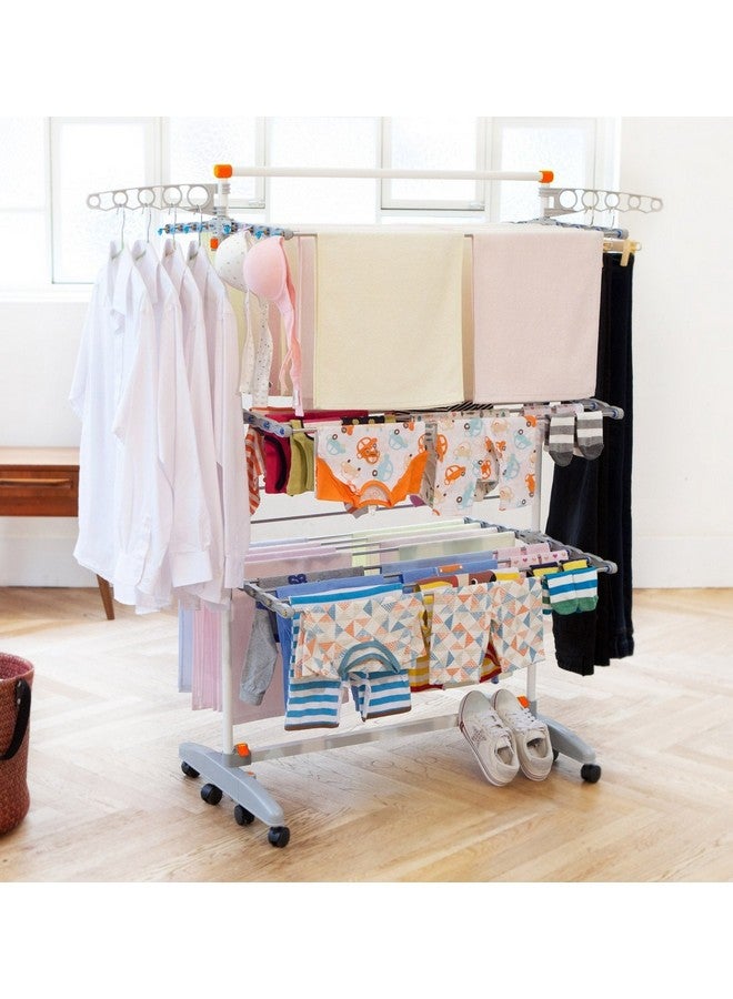 idee BDP-V23 Foldable Rolling 3-Tier Clothes Laundry Drying Rack with Stainless Steel Hanging Rods, Collapsible Shelves and Base for Easy Storage, Made-in-Korea, Premium Size, Orange - Image 2