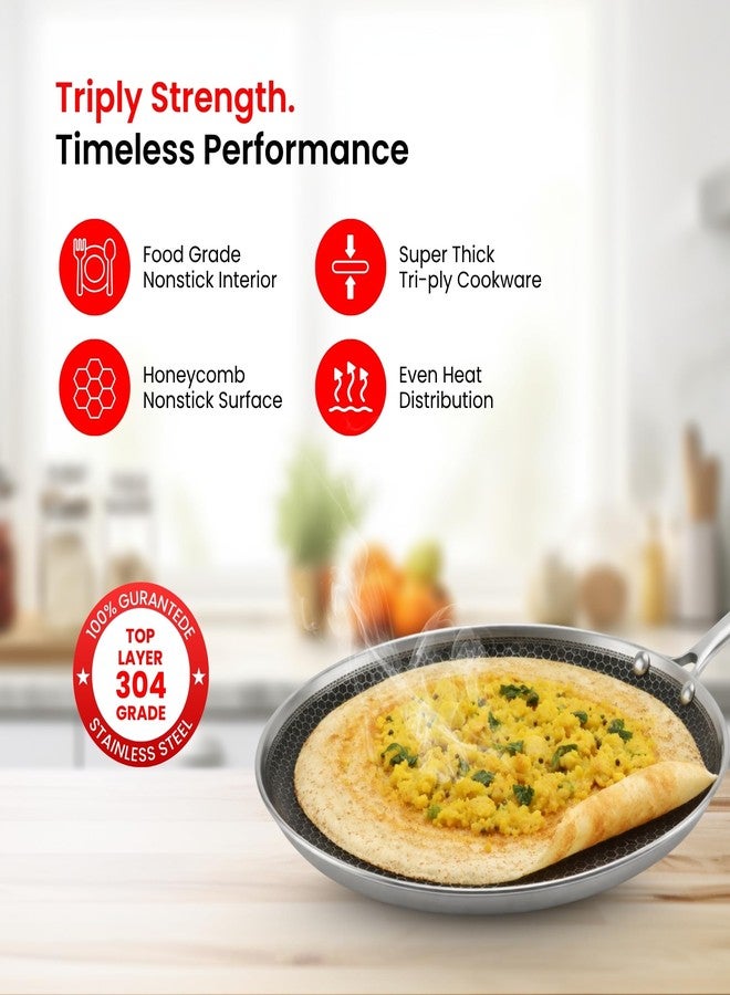 FEROHOME Stainless Steel Triply Dosa Tawa | Comes with Free Dosa Laddle | Scratch Resistant | 4 MM Thickness Non Stick SS Handle, Ideal for Dosa, Chilla | Induction Compatible - Image 5