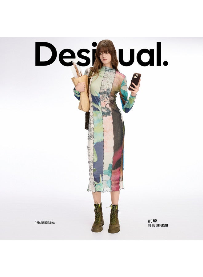 DESIGUAL [Blogger'S Pick] 25Ss New Abstract Collage Print Stretch Slim-Fit High-Neck Dress - Image 5
