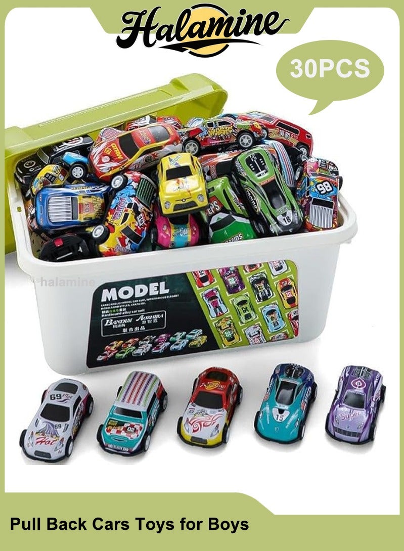 هالامين 30 قطعة سيارات أطفال قابلة للسحب بأشكال مختلفة، ألعاب سيارات تعمل بالاحتكاك للأولاد، مع صندوق تخزين، ألعاب أطفال صغيرة من مادة سبيكة، لتعزيز التنسيق بين اليد والعين لدى الأطفال - Image 1