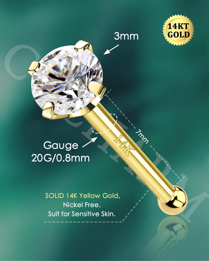COCHARM دبابيس أنف من الذهب الخالص 14 قيراط من COCHARM، حلقات أنف حقيقية، دبابيس 20 جرام، لؤلؤة مقلدة مستديرة، ثقب أنف من الذهب الأصفر، دبوس أنف - Image 3