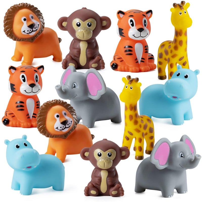 Bedwina Mini Zoo Animals Bath Toys - (Pack of 12) Vinyl Rubber Jungle Safari Animal Figures, Squeezable Bath Tub Toys for Kids, Baby Shower, Birthday Party Supplies, Favors, Cake Decor, Table Decorations - Image 1