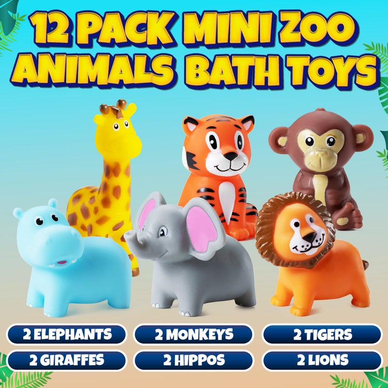 Bedwina Mini Zoo Animals Bath Toys - (Pack of 12) Vinyl Rubber Jungle Safari Animal Figures, Squeezable Bath Tub Toys for Kids, Baby Shower, Birthday Party Supplies, Favors, Cake Decor, Table Decorations - Image 4