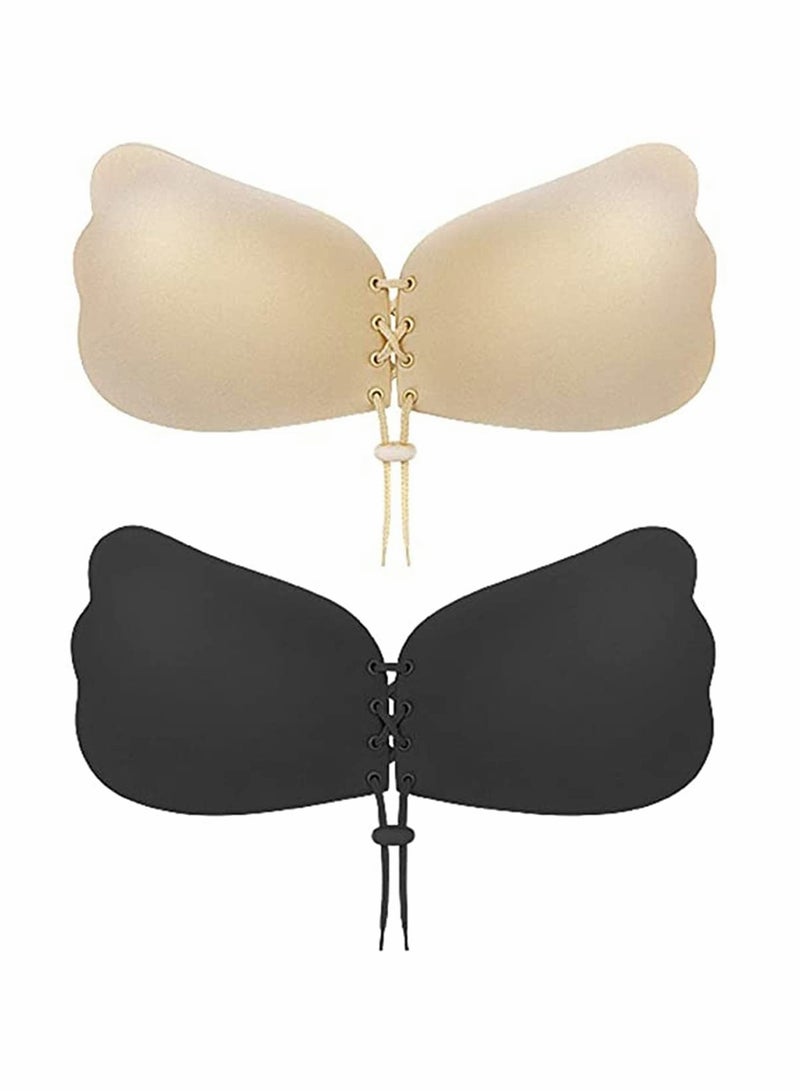 KASTWAVE Underwear Invisible Chest Stickers Pull Up Bra Sticky Push Open Back Strapless No Steel Ring Gathers Breathable Silicone One Each In Black And Nude Size M - Image 1