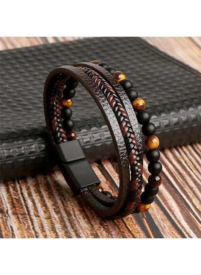 GIFT Natural Agate Stone Leather Beaded Bracelet, Natural Agate Stone Adjustable Leather Beaded Bracelet Jewelry Gifts for Men Women - Image 3