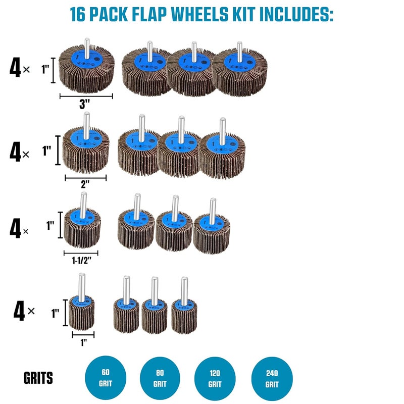 LINE10 Tools 16pk Flap Wheel Sanding Kit Drill Sander 60, 80, 120, 240 Grit Brush, 1/4" Shank, Abrasive Flapper Sander for Contours, Holes - Image 2
