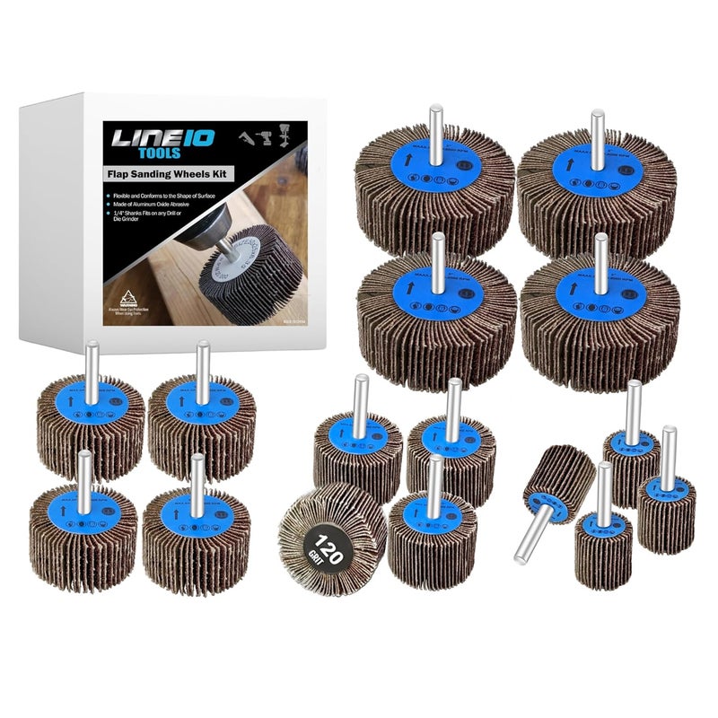 LINE10 Tools 16pk Flap Wheel Sanding Kit Drill Sander 60, 80, 120, 240 Grit Brush, 1/4" Shank, Abrasive Flapper Sander for Contours, Holes - Image 1