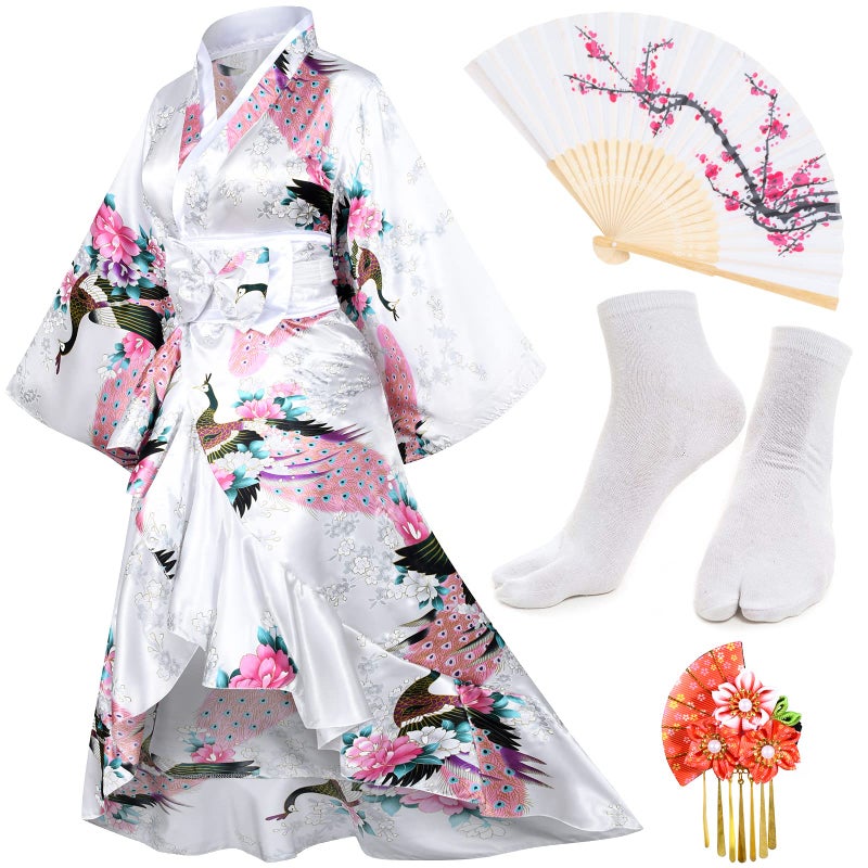 Japanese Anime Womens Kimono Robe Geisha Yukata Sweet Tuxedo Ruffle Dress Blossom Satin Bathrobe Sleepwear Fans Tabi Socks Set WhiteL